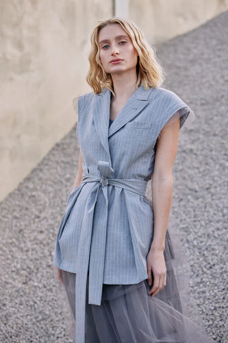 M.A Dainty Girl Boss Sleeveless Jacket - Grey Stripe